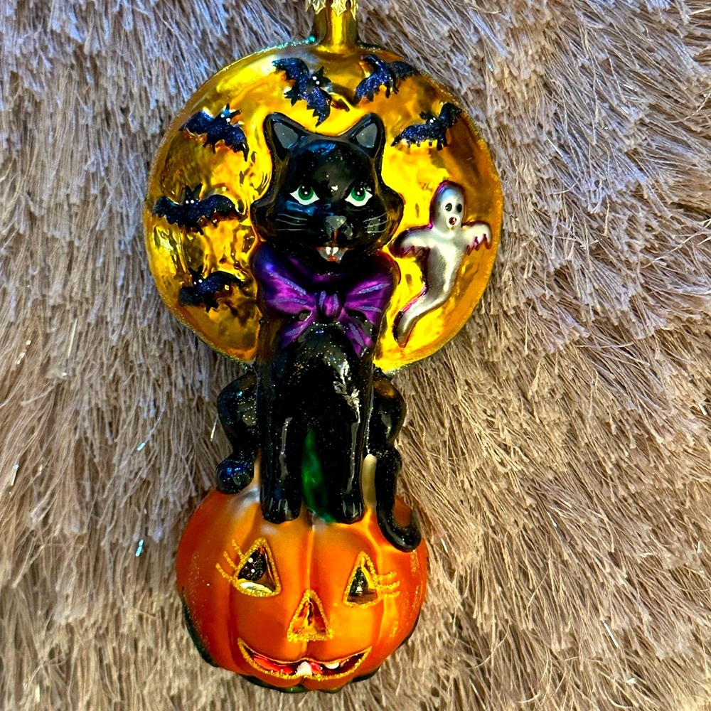 Christopher Radko Fright Night Frolic Black Cat on Pumpkin w/Ghost Ornament 5”